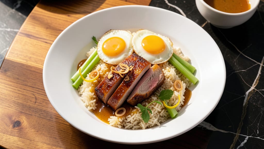 Cafe DE Coral Baked Pork Chop Rice Recipe: Five-Spice Glossed Crust and Celery Crown Crunch
