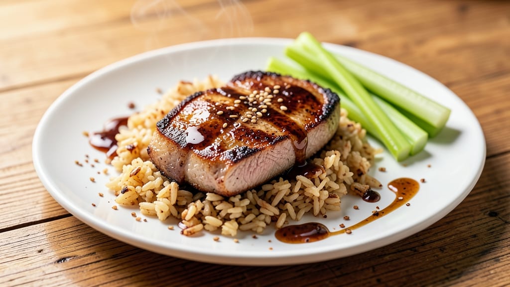 Broken Rice Pork Chops Recipe: Celery Crown Crisp With Five-Spice Glossed Meat