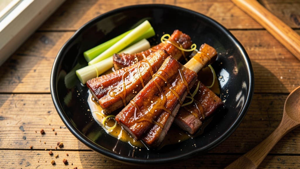 Chinese Roast Pork Ribs Recipe: Charred Celery Crown Crunch on Tender Meat