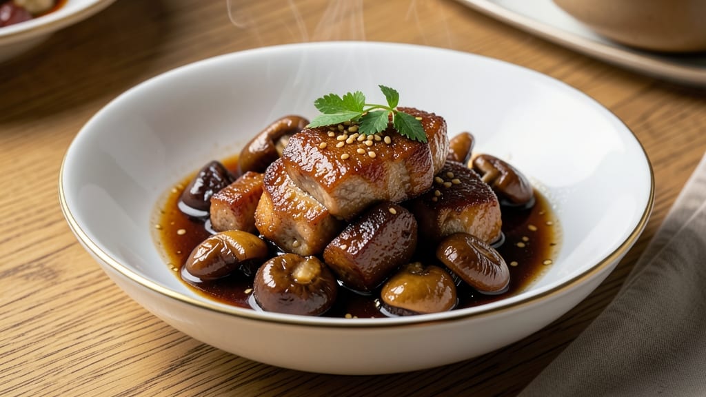Chinese Braised Pork and Mushrooms Recipe: Soy-Glazed Tenderness With Celery Garnish
