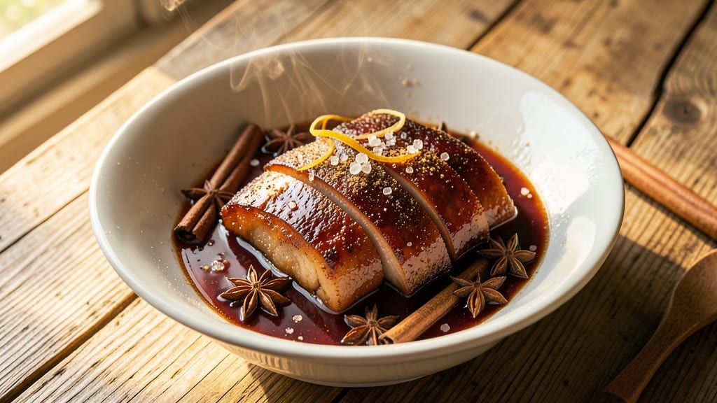 Chinese Stewed Pork Belly Recipe: Five-Spice Glossed Crunch With Celery Crown Garnish