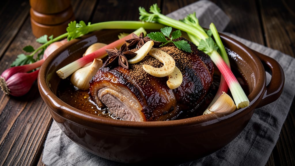 Braised Pork Hock Chinese Recipe: Five-Spice Glossed, Celery-Crowned Chew