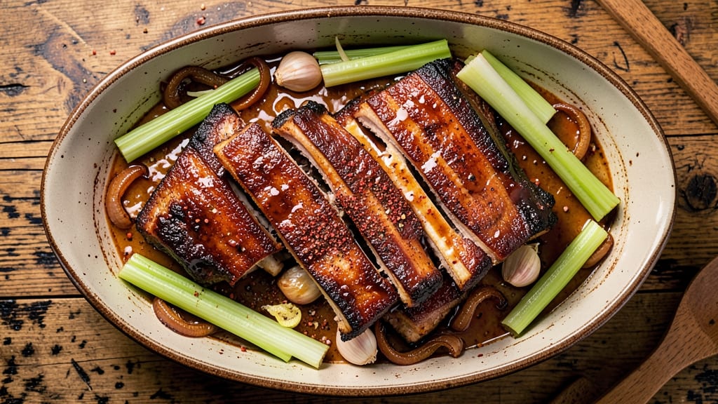 Bone-In Pork Ribs Crock Pot Recipe: Celery Crown Crunch With Fall-Off-Bone Tenderness
