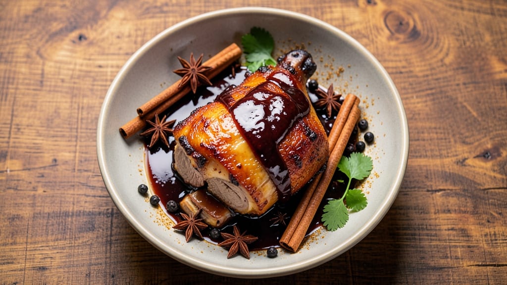 Braised Chinese Pork Leg Recipe: Five-Spice Glossed Crust With Celery Crown Sparkle