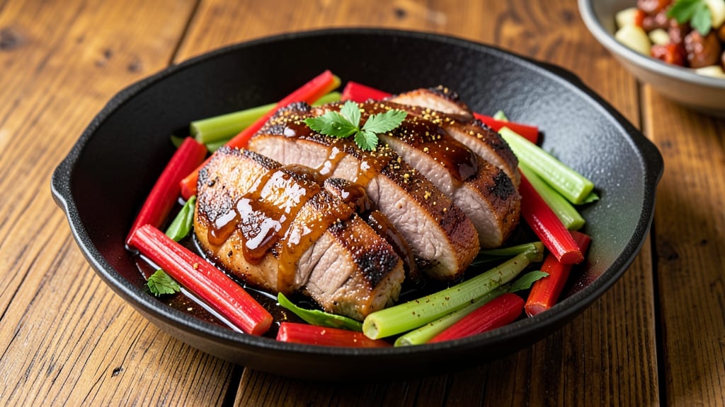 Chilli Pork Recipe Chinese: Five-Spice Glossed Crisp With Celery Crown Topping